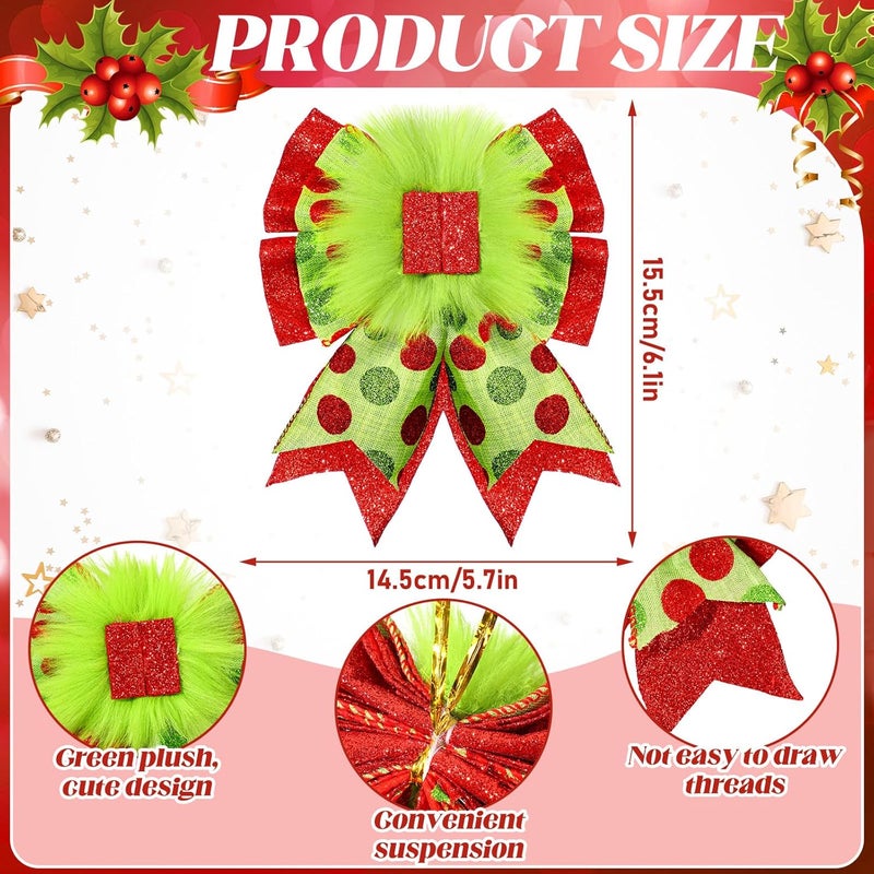 Knitgrip 12 Pcs Red Green Christmas Bows Christmas Tree Decoration Lime Green Wreaths Velvet Bow Tree Topper with Fluffy Ornaments for Xmas Party (Elegant) - Image 3